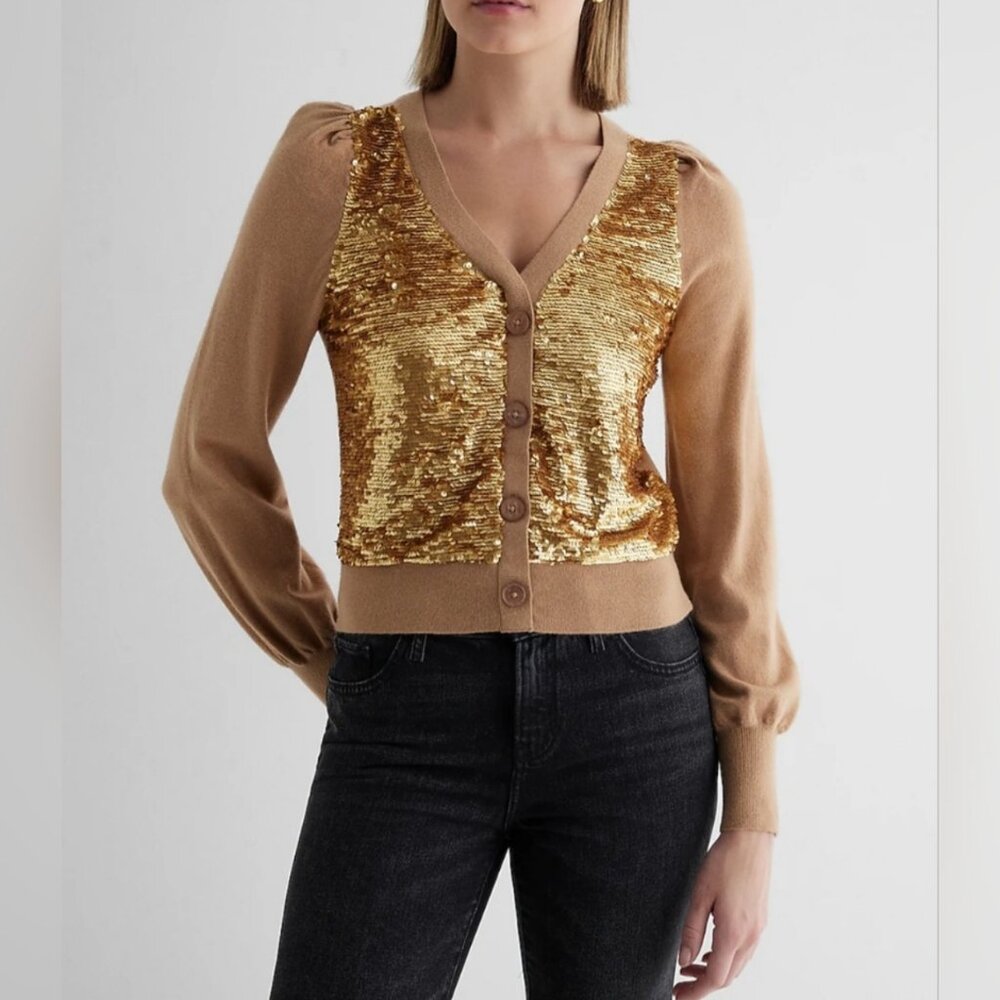 EXPRESS Women’s NEW Front Sequin Button Cardigan Camel/Gold | Size M